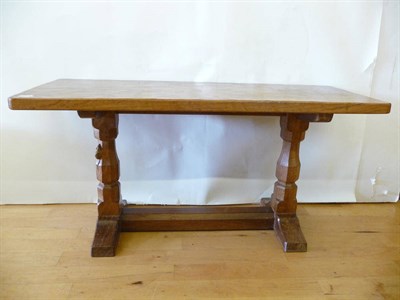 Lot 1748 - A Robert "Mouseman" Thompson Oak 3' Rectangular Coffee Table, on two octagonal legs joined by a...