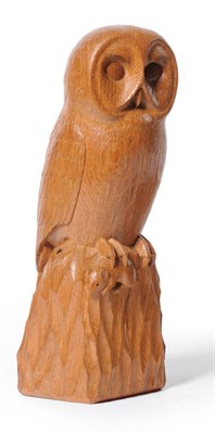 Lot 1749 - A Robert "Mouseman" Thompson Oak Owl, carved as a perched owl holding a mouse in its talon, on...