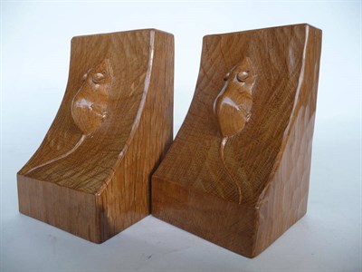 Lot 1751 - A Pair of Robert "Mouseman" Thompson Oak Bookends, each with a single carved mouse, 15cm