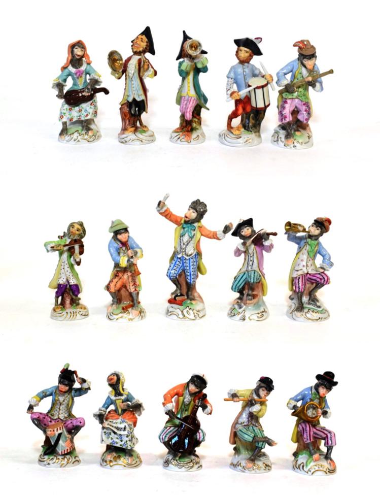 Lot 531 - A Carl Thieme, Potschappel Porcelain Eleven Piece Monkey Band, 20th century, after the Meissen...