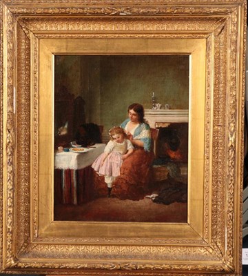 Lot 1002 - J. Castella (19th century)  Interior with mother and daughter Indistinctly signed, bears label...