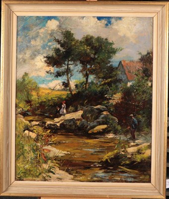 Lot 1003 - Joshua Anderson Hague (1850-1916)  Figures by the riverbank Signed, oil on canvas, 60cm by 49.5cm