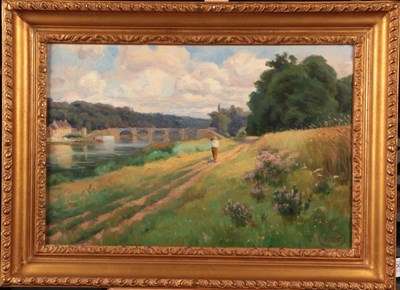 Lot 1007 - Charles Wislin (1852-1932)  River Landscape with solitary figure Signed, oil on canvas, 33cm by...