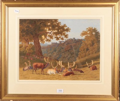 Lot 1008 - Robert Hills O.W.S (1769-1844)  Stags and hinds resting in a parkland landscape Watercolour,...