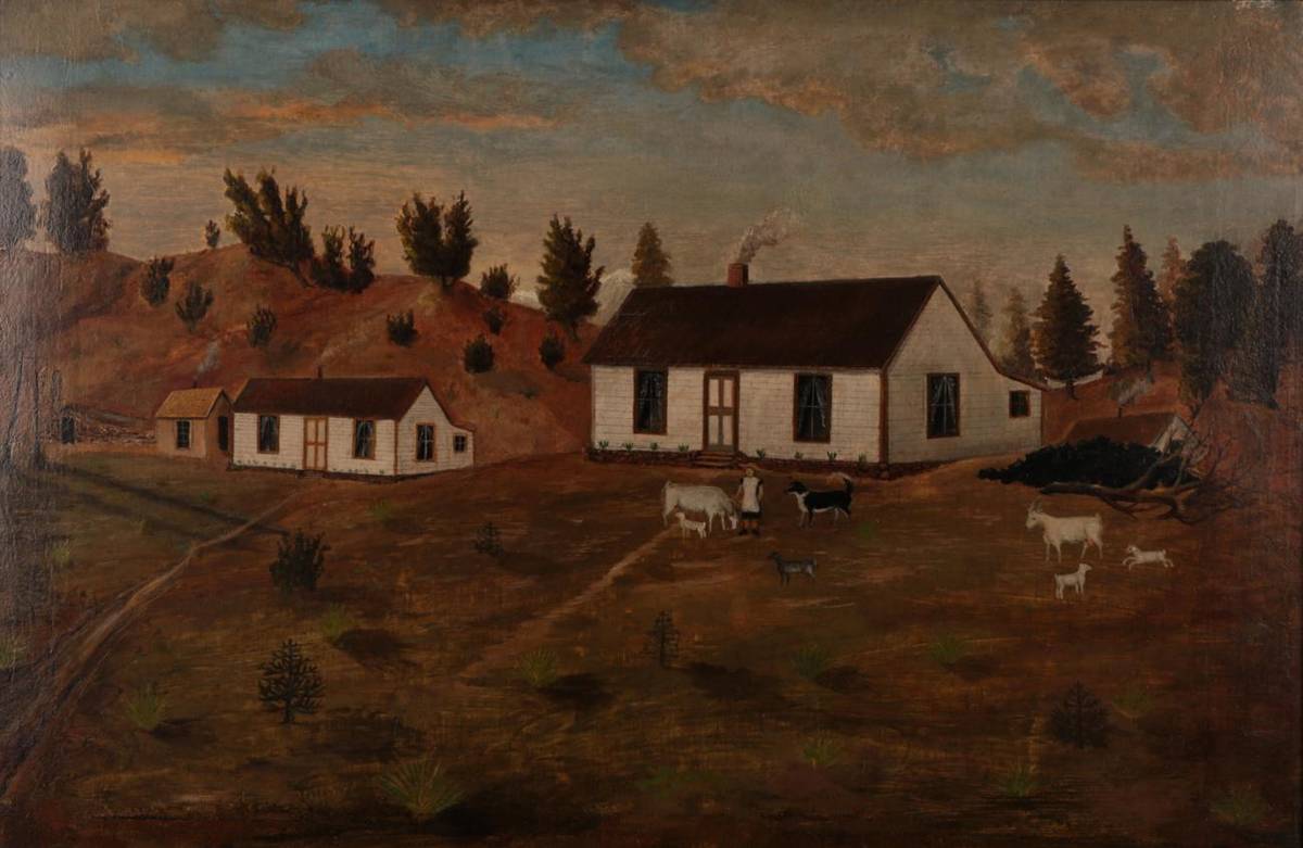 Lot 1009 - Naive Australian School (19th century) The Farmstead Oil on canvas, 44.5cm by 68.5cm