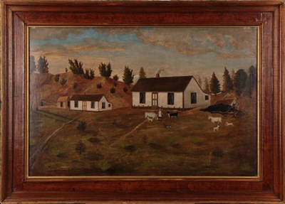 Lot 1009 - Naive Australian School (19th century) The Farmstead Oil on canvas, 44.5cm by 68.5cm