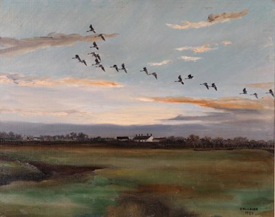 Lot 1014 - Hugh Monahan (1914-1970) Irish Greylags flighting at dusk Signed and dated 1950, oil on canvas,...
