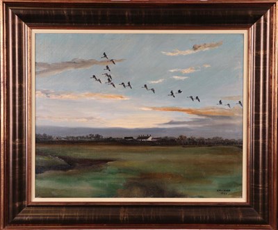 Lot 1014 - Hugh Monahan (1914-1970) Irish Greylags flighting at dusk Signed and dated 1950, oil on canvas,...