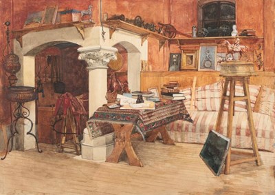 Lot 1035 - Gustave Mequillet (1860-1955)  ''A view of Messionier's Studio'' Signed, gouache, 29.5cm by 41.5cm