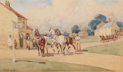 Lot 1066 - John Atkinson (1863-1924) Saddling up before a country pub Signed, watercolour, 16cm by 27.5cm