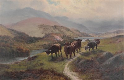 Lot 1074 - Henry Robinson Hall (1859-1927) Highland cattle Signed, inscribed verso, oil on canvas, 39cm by...
