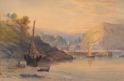 Lot 1078 - William Cook of Plymouth (ex.1877-1879) Harbour scene, with figures in a rocky cove...