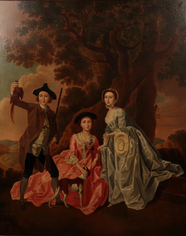 Lot 1081 - Tim K Browne (Contemporary) After Gainsborough Figures beneath a tree with game and dog Signed...
