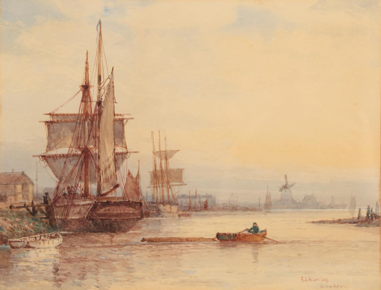 Lot 1089 - Frederick James Aldridge (1850-1933)  ''On the Arun at Little Hampton''  Signed and inscribed,...