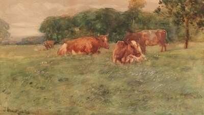 Lot 1091 - John Atkinson (1863-1924) Cows at pasture Signed, watercolour, 20cm by 35cm