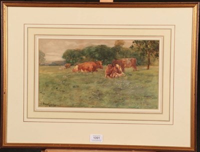 Lot 1091 - John Atkinson (1863-1924) Cows at pasture Signed, watercolour, 20cm by 35cm