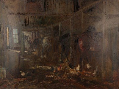 Lot 1096 - John Falconer Slater (1857-1937) Stabled Horses Oil on board, inscribed to artist's label...