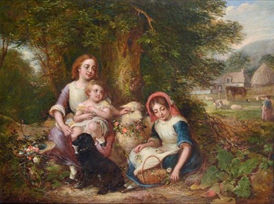 Lot 1105 - Ambrosini Jerome (1810-1883)  Farming family picking flowers Signed and dated 1871, oil on...