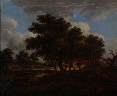 Lot 1106 - Manner of Meindert Hobbema (1638-1709) Figures in wooded landscape with sun dappled cottage Oil...