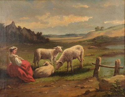 Lot 1118 - British School (19th century) Shepherdess at rest with sheep in a landscape Indistinctly signed and