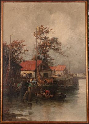 Lot 1120 - A Kaufman (19th/20th century)  Unloading the boats  Signed, oil on board, 44cm by 31cm