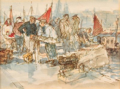 Lot 1140 - Roland Batchelor RWS (1889-1990)  ''Fish Quay, Ostend'' Signed, watercolour, 13.5cm by 18cm...