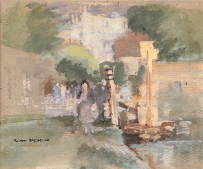 Lot 1141 - Roland Batchelor RWS (1889-1990)  ''Quayside, Richmond'' Signed, watercolour, 15.5cm by 18.5cm...