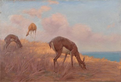 Lot 1152 - Edgar H Fischer (fl.1908-1933) Grazing of a hot day Signed, further signed and inscribed verso, oil