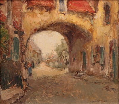 Lot 1157 - Alfred Joseph Auguste Van Neste (1874-1969) Belgian Street scene with red shutters Signed, oil...