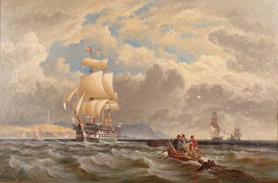 Lot 1158 - William Gibbons (fl.1858-1892)  Naval frigates off coastline Signed and dated 1883, oil on...