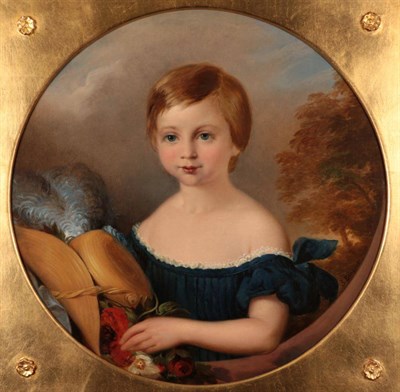 Lot 1159 - English School (mid 19th century) Portrait of a young girl in blue dress, holding a plumed hat...