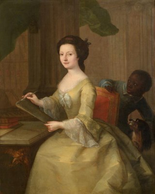Lot 1170 - ~ Circle of Francis Cotes RA (1726-1770) Portrait of a lady in a yellow dress holding a pen,...