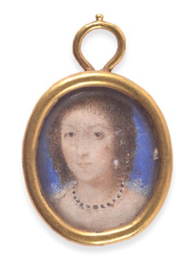 Lot 1175 - ~ Manner of John Hoskins (1590-1664)  Portrait of a lady with curled brown hair and a blue...