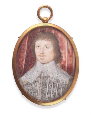Lot 1176 - ~ Manner of John Hoskins (1590-1664) Portrait of a gentleman with silver embroidered slashed...