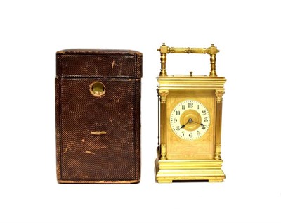 Lot 1503 - A Brass Striking and Repeating Carriage Clock, circa 1900, carrying handle and repeat button,...