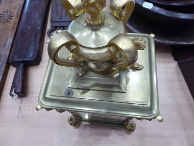 Lot 1505 - A Gilt Brass Four Glass Striking Mantel Clock, circa 1890, urn finial, scroll mounts, hoof...