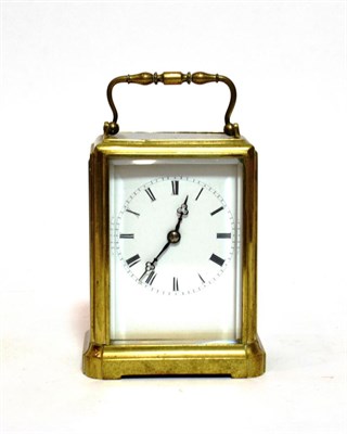 Lot 1508 - A Brass Carriage Timepiece, circa 1860, carrying handle, enamel dial with Roman numerals,...