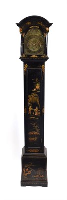 Lot 1527 - ~ A Small Japanned Chiming Longcase Clock, circa 1910, black Japanned case decorated with...
