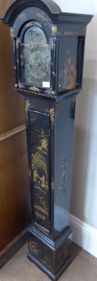 Lot 1527 - ~ A Small Japanned Chiming Longcase Clock, circa 1910, black Japanned case decorated with...