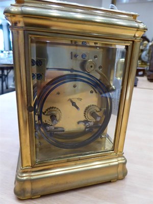Lot 1532 - A Brass Striking and Repeating Carriage Clock, circa 1890, carrying handle and repeat button,...