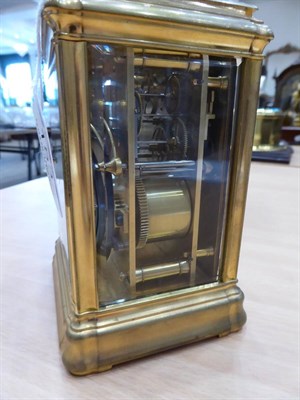 Lot 1532 - A Brass Striking and Repeating Carriage Clock, circa 1890, carrying handle and repeat button,...