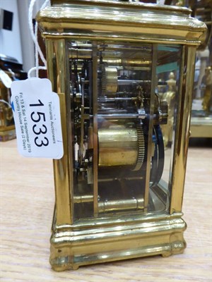 Lot 1533 - A Brass Grande Sonnerie Alarm Carriage Clock, circa 1890, carrying handle and repeat button,...