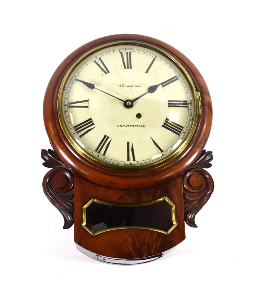 Lot 1535 - A Mahogany Drop Dial Wall Timepiece, signed Thompson, Chesterfield, 19th century, side and...