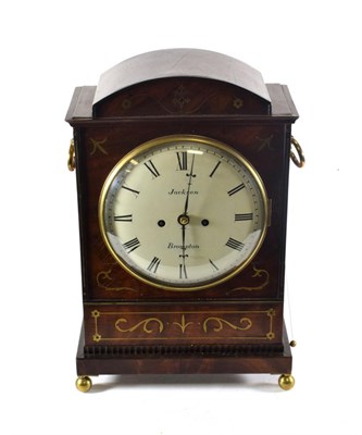 Lot 1542 - A Regency Mahogany Brass Inlaid Striking Table Clock, signed Jackson, Brompton, arched...