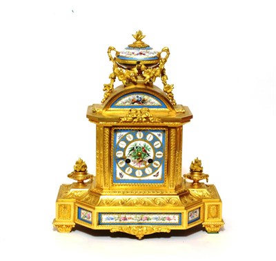 Lot 1559 - An Ormolu Porcelain Mounted Striking Mantel Clock, circa 1890, urn finial, blue porcelain...