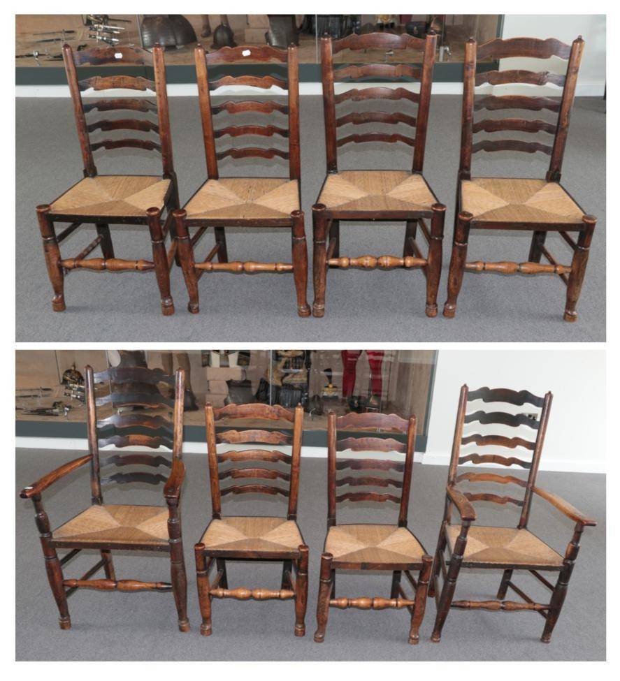 Lot 1666 - A Set of Eight Ash Rush-Seated Ladder-Back Chairs, Lancashire/Cheshire Region, mid 19th...