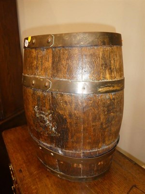 Lot 1700 - A 19th Century Staved Oak Coopered Barrel, of oval form, with four studded brass bindings and...