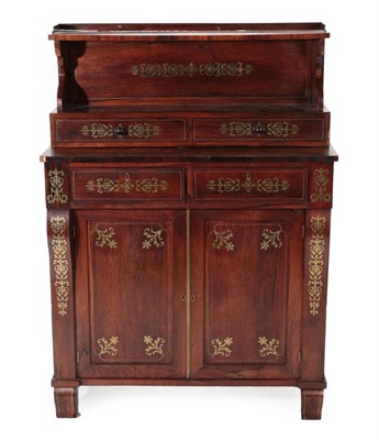 Lot 1734 - A Regency Rosewood and Brass Inlaid Side Cabinet, early 19th century, the superstructure with a...