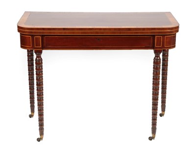 Lot 1735 - A Regency Mahogany, Satinwood Banded and Ebony Strung Foldover Tea Table, early 19th century,...