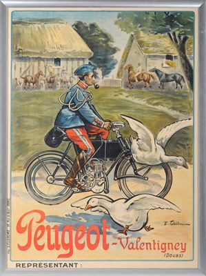 Lot 1812 - A French Advertising Poster for Peugeot Motorcycles, lithographed in colours, featuring a policeman